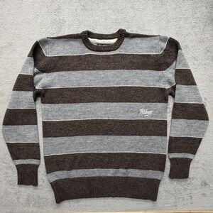 Billabong‎ Sweater Mens XL Brown Gray Striped Wool Blend Crewneck Knit